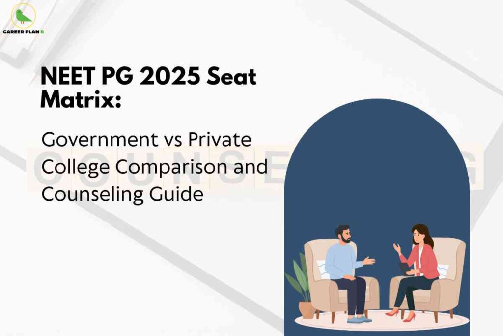NEET PG government vs private seats infographic from Career Plan B showing "NEET PG 2025 Seat Matrix: Government vs Private College Comparison and Counseling Guide" with two people in consultation setting, representing comprehensive comparison of 27,273 government seats (55%, low fees, high competition) versus 22,600 private seats (45%, higher fees, easier admission) with strategic counselling guidance for 49,873 total NEET PG seats available in 2025.