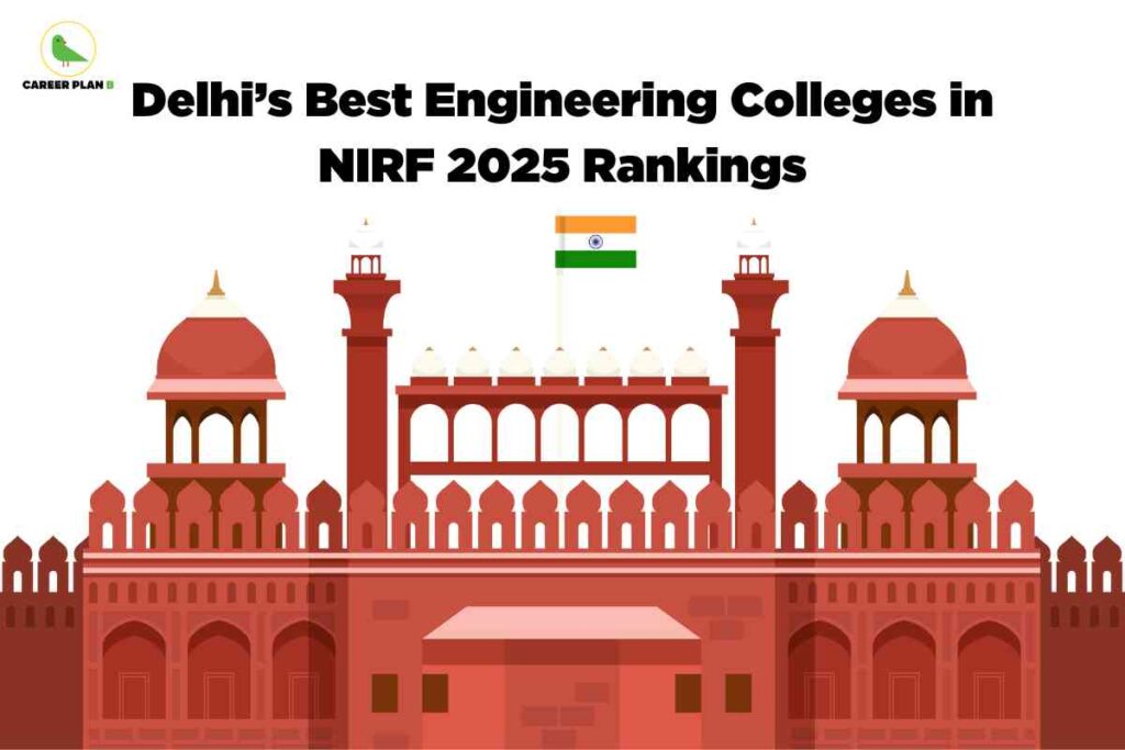 Vector illustration of Delhi’s historic Red Fort with the Indian tricolor flag flying above, visually representing best engineering colleges Delhi ranked in NIRF 2025, Career Plan B logo at the top left and bold black headline above the monument.
