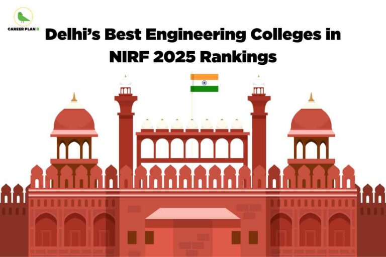 Vector illustration of Delhi’s historic Red Fort with the Indian tricolor flag flying above, visually representing best engineering colleges Delhi ranked in NIRF 2025, Career Plan B logo at the top left and bold black headline above the monument.