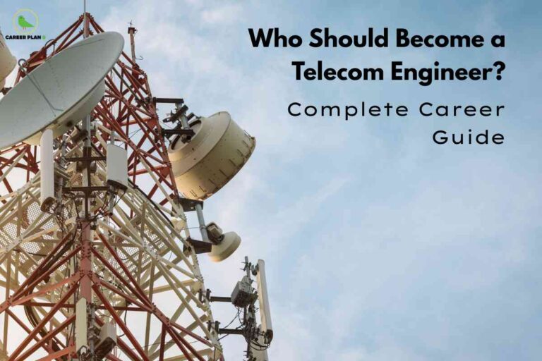 Photo featuring a tall telecom tower with multiple large circular satellite dishes and antenna panels, set against a blue sky with soft clouds. The structure is composed of red and white metal frameworks, with visible cables and technological equipment emphasizing modern telecommunications infrastructure. In the top left corner is a green 'Career Plan B' logo with a bird. On the right side of the image, bold black text reads, 'Who Should Become a Telecom Engineer? Complete Career Guide.' The image visually represents career opportunities and guidance in the telecommunications engineering field, highlighting industry technology and network connectivity.