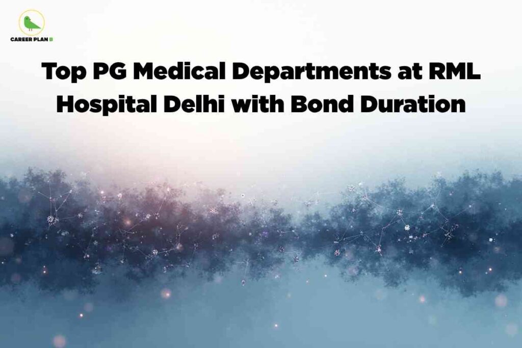 The image displays a banner with a light gradient background transitioning from pale white at the top to bluish-gray at the bottom. At the top left corner, the 'Career Plan B' logo is visible, featuring a green bird icon and the company name in black and green text. Across the center of the image, bold black text reads: 'Top PG Medical Departments at RML Hospital Delhi with Bond Duration.' The lower half of the image contains abstract, fractal-like designs with interconnected dots and faint glowing light effects, suggesting a network or constellation, all set against the dusky background. The overall mood is professional and academic, suitable for educational content focused on postgraduate medical departments and bond details at RML Hospital, Delhi.