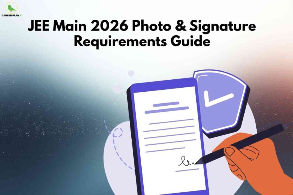 Illustration of a student signing a document representing JEE Main photo requirements 2026, explaining photo and signature upload guidelines for the Joint Entrance Examination registration process.