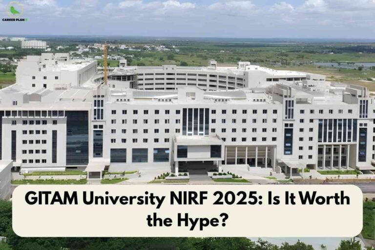 Aerial view of GITAM University’s large, white modern campus building set against greenery and a cloudy sky, with a light cream banner at the bottom showing the text "GITAM University NIRF 2025: Is It Worth the Hype?" and Career Plan B logo in the top left.