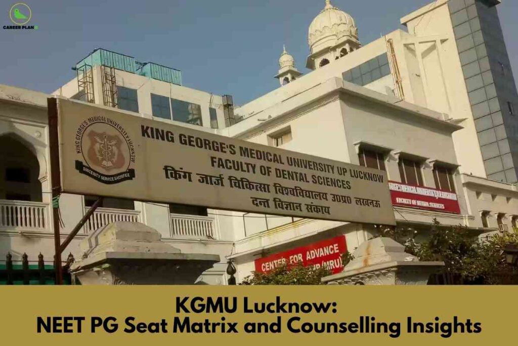 The image shows the entrance to King George's Medical University (KGMU) in Lucknow, focusing on the Faculty of Dental Sciences. The foreground features a large beige sign with English and Hindi text naming the institution and its dental faculty, as well as the university crest. In the background, the university’s iconic historical white building with domes and arched windows is visible under a clear sky. The bottom section of the image contains a wide gold-colored banner with bold black text: "KGMU Lucknow: NEET PG Seat Matrix and Counselling Insights." The top left corner displays the "Career Plan B" circular logo. The overall image highlights the institution’s legacy and focus on postgraduate medical and dental education.