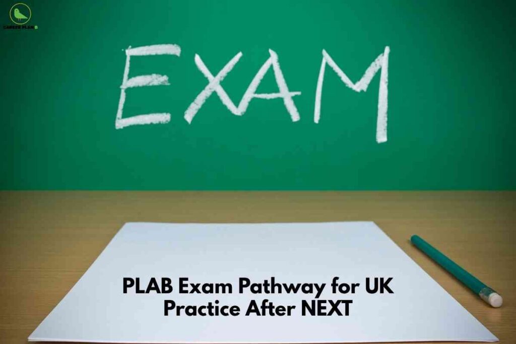 Blank exam sheet and pencil placed on a desk with the word EXAM written on a green board, representing the PLAB after NExT pathway for UK medical practice.