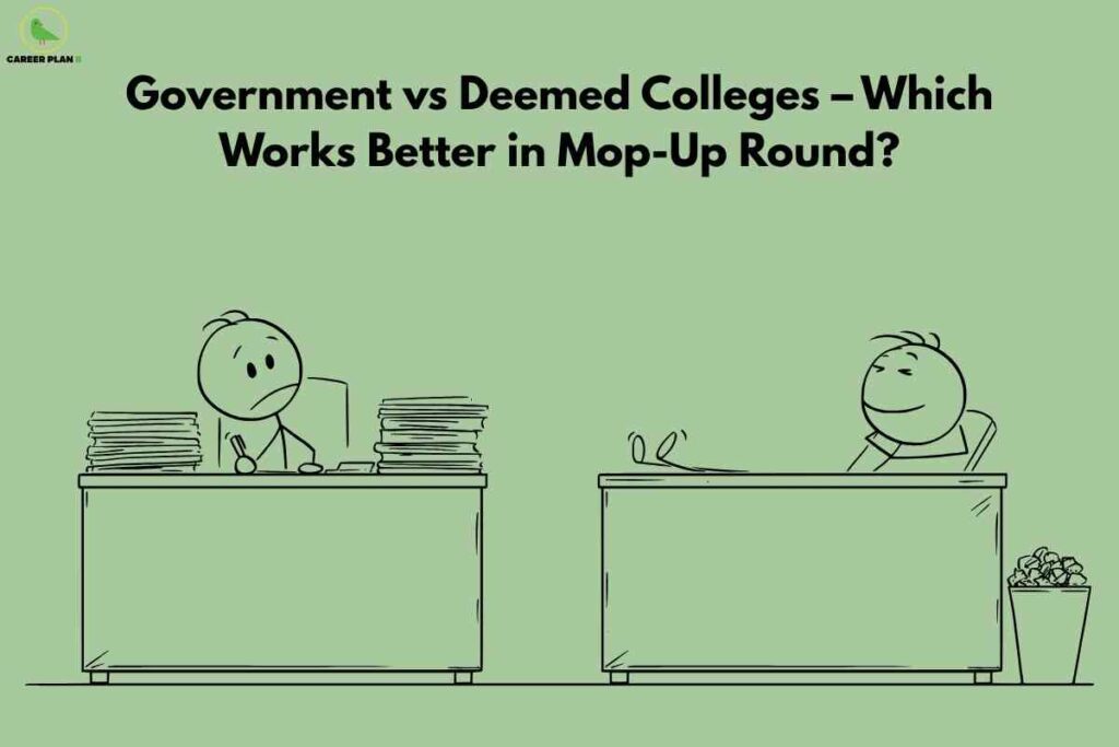 Illustration of two contrasting office setups symbolizing government vs deemed colleges, highlighting which performs better in the NEET PG mop-up round counselling.