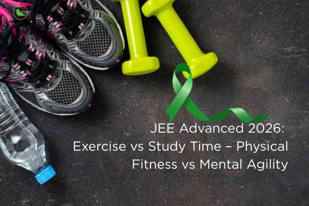 A pair of running shoes, two bright yellow dumbbells, and a water bottle on black gym floor with a green awareness ribbon, symbolizing JEE Advanced exercise vs study time balance for 2026, Career Plan B logo at the top.