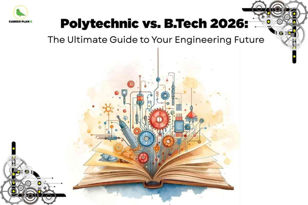 Open book with colorful gears, scientific instruments, and engineering icons rising from its pages, surrounded by mechanical gear graphics in the corners, visually representing the comparison of Polytechnic vs B.Tech in 2026 and guiding students toward their engineering future, with Career Plan B logo at the top left.