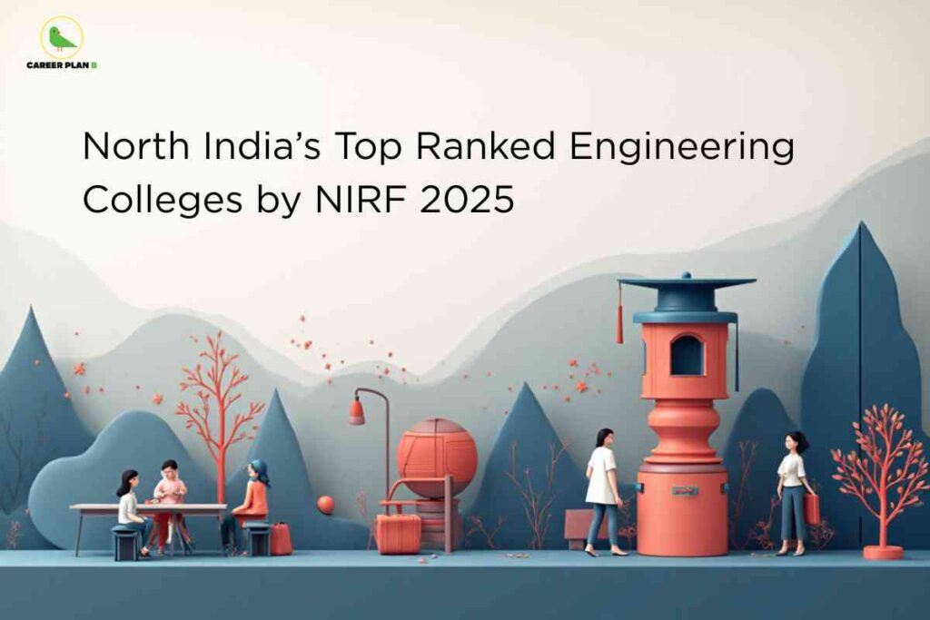 Minimalistic illustration of students interacting and studying outdoors in front of large orange graduation cap sculpture amid soft blue mountains and stylized trees, visually representing North India top engineering colleges as ranked by NIRF 2025, with Career Plan B logo at the top left.