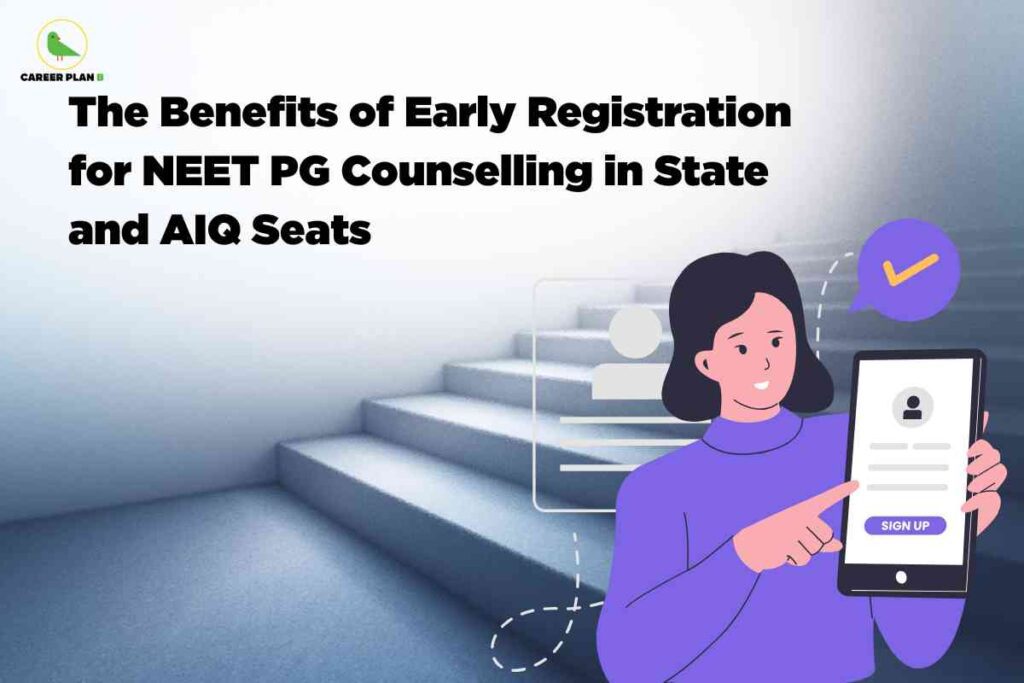 Illustration of a woman in purple holding a tablet with a 'Sign Up' screen, standing beside stairs with icons for user profile and tick mark, visually highlighting NEET PG counselling early registration benefits for state and AIQ seats; Career Plan B logo at the top left and bold headline above.