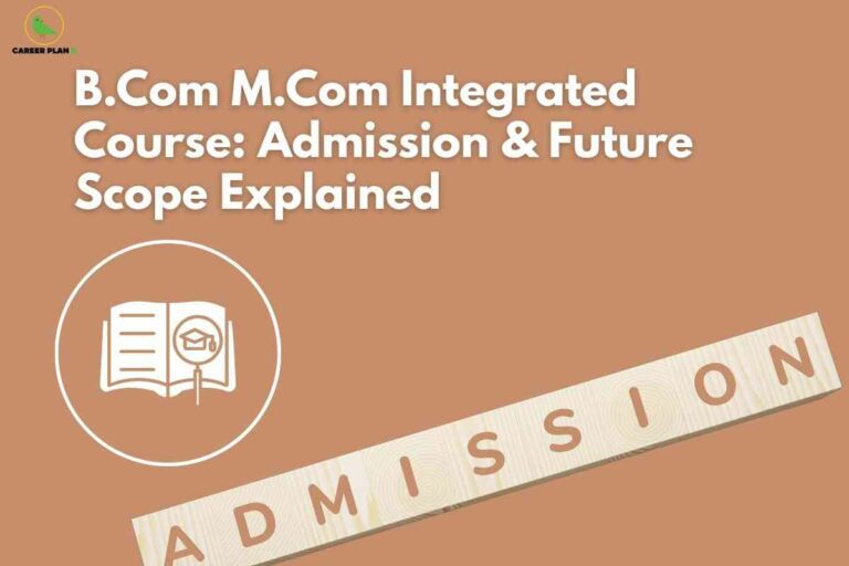 Illustration showing admission concept with book and graduation icon, representing the B.Com M.Com integrated course admission and future scope explained.