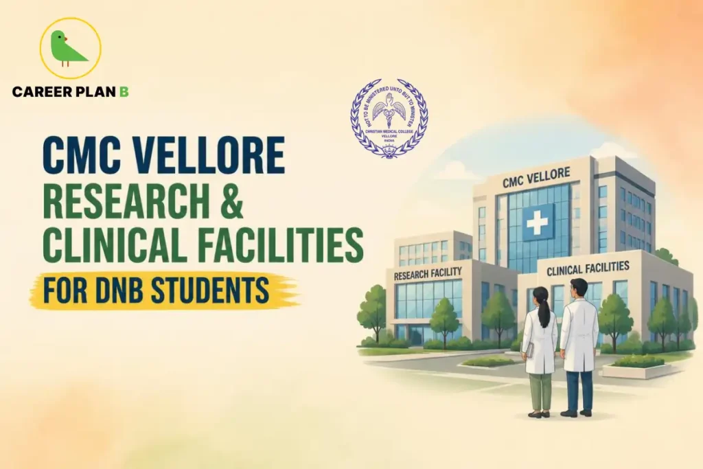 Educational infographic by Career Plan B titled "CMC VELLORE RESEARCH & CLINICAL FACILITIES FOR DNB STUDENTS". Top-left features the Career Plan B logo with a green bird inside a solid gold circular emblem with text below. Right side illustrates the CMC Vellore hospital and research buildings with two medical professionals standing in front. The official CMC Vellore seal is positioned at the top center.