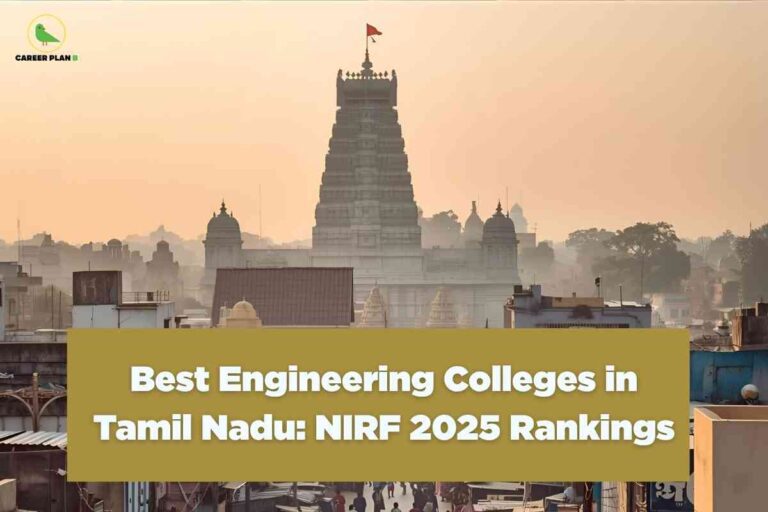 Silhouetted view of a historic Tamil Nadu temple tower at sunrise with surrounding city buildings and people below, visually highlighting the best engineering colleges in Tamil Nadu according to NIRF 2025 rankings, with Career Plan B logo at the top left and yellow title box in the center.
