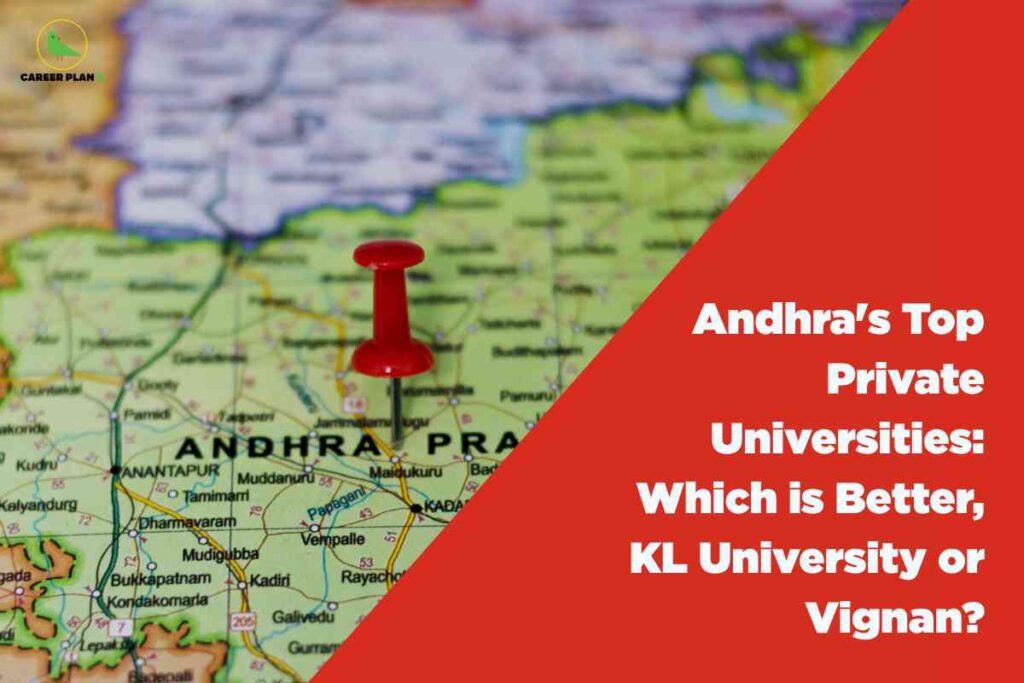 Map of Andhra Pradesh with a red location pin, representing KL University vs Vignan comparison 2025 highlighting Andhra’s top private universities based on academics, placements, and infrastructure.