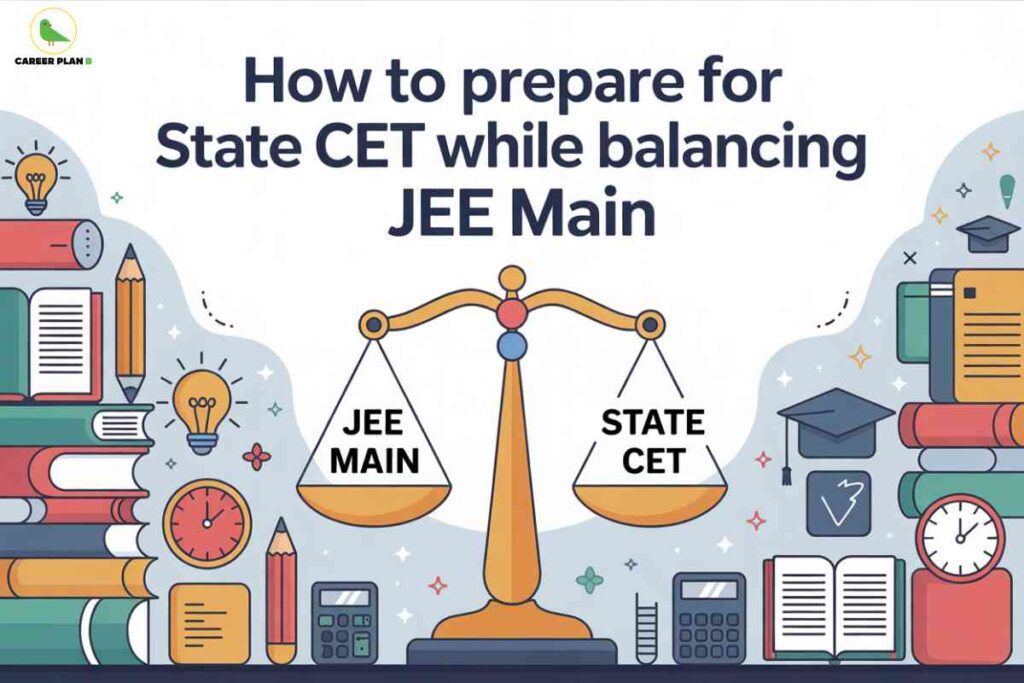 Illustration of scales balancing JEE Main and State CET surrounded by books, clocks, and study icons, representing effective State CET and JEE prep.