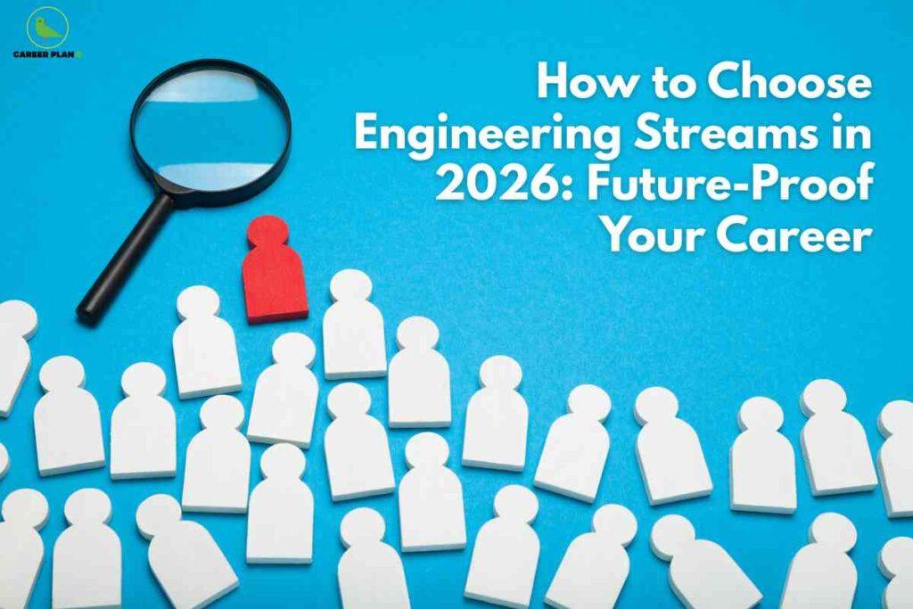 Magnifying glass highlighting a red figure among white figures, symbolizing career selection and helping students choose engineering stream 2026.