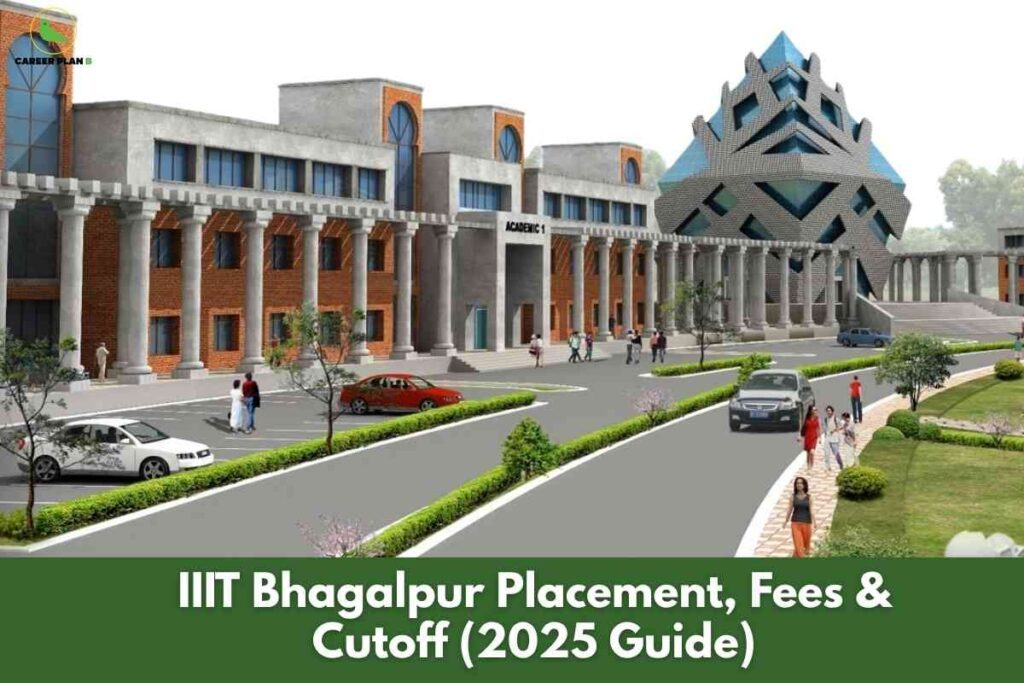 IIIT Bhagalpur placements 2025 banner image showing the modern academic block and iconic geometric building, curved campus driveway with cars and students walking, landscaped gardens, headline text about IIIT Bhagalpur placement, fees and cutoff 2025 guide, and a green Career Plan logo in the top‑left corner.