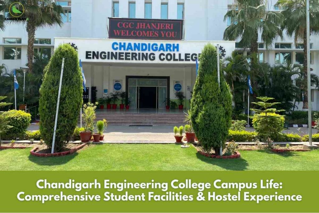 Chandigarh Engineering College campus life banner image showing the main entrance with “Chandigarh Engineering College” signage, landscaped lawn, tall trimmed bushes and potted plants, welcoming digital board reading “CGC Jhanjeri Welcomes You,” and a green Career Plan B logo in the top‑left corner.
