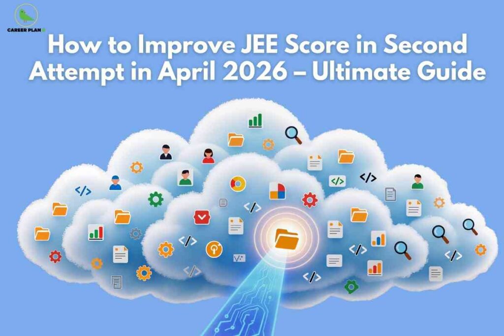 Cloud-themed illustration showing icons of study tools, analytics, and learning resources, representing JEE second attempt tips for improving score in April 2026.