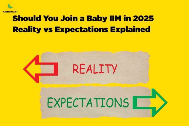 Baby IIM 2025 reality vs expectations graphic with arrows highlighting the difference between actual outcomes and aspirant expectations.