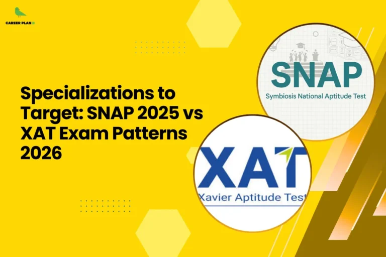 Yellow educational banner comparing SNAP vs XAT, featuring the logos of the Symbiosis National Aptitude Test (SNAP) and Xavier Aptitude Test (XAT), highlighting exam patterns and MBA specializations students can target through SNAP 2025 and XAT 2026.