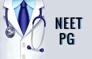 this image contains a clean medical-themed graphic showing the upper torso of a doctor wearing a white lab coat, light blue shirt, and dark blue tie, with a blue and silver stethoscope draped around the neck, positioned on the left side, while the right side displays bold black text reading “NEET PG” with blue shadow accents on a light grey background, representing medical entrance exam preparation and postgraduate medical education.