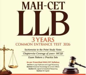 An Image containing MH-CET LLB 3 Years Common Entrance Test 2026 study guide cover with gold scales of justice on left and wooden gavel on right, featuring section-wise point study notes, chapter-wise coverage of 2500+ MCQs, exam pattern with 4 practice sets, and detailed solutions covering Legal Aptitude & Legal Reasoning, General Knowledge & Current Affairs, and Logical & Analytical Reasoning sections on cream background
