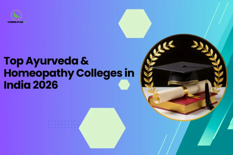 This banner features a modern gradient background transitioning from purple on the left to teal on the right, consistent with the Career Plan B visual identity. The layout incorporates geometric hexagonal accents, subtle dotted patterns, and diagonal graphic streaks that create a structured and contemporary academic design. The headline is bold and left-aligned, balanced by a circular visual frame on the right. The headline reads, “Top Ayurveda & Homeopathy Colleges in India 2026,” clearly positioning the content as an informational guide for students interested in pursuing careers in alternative and traditional medicine. The topic focuses on highlighting leading institutions in India that offer recognized programs in Ayurveda and Homeopathy for the 2026 academic cycle. On the right side, a circular frame displays a graduation cap placed on books alongside a rolled diploma, surrounded by a laurel wreath. This visual symbolizes academic excellence, higher education, and successful graduation from professional medical programs, reinforcing the theme of selecting top colleges for specialized healthcare fields. At the top-left corner, the Career Plan B logo with its green bird icon ensures brand consistency and reflects structured career planning and informed academic decision-making. The overall design communicates opportunity, academic achievement, and strategic guidance for students exploring Ayurveda and Homeopathy education in India.