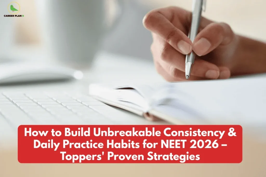 this image contains a Career Plan B educational banner showing a close-up of a person writing with a pen in an open notebook placed beside a laptop keyboard on a desk, with a red rounded text banner at the bottom reading “How to Build Unbreakable Consistency & Daily Practice Habits for NEET 2026 – Toppers’ Proven Strategies,” and the Career Plan B logo at the top left, representing NEET exam preparation, daily study habits, consistency, and effective learning strategies for medical aspirants.