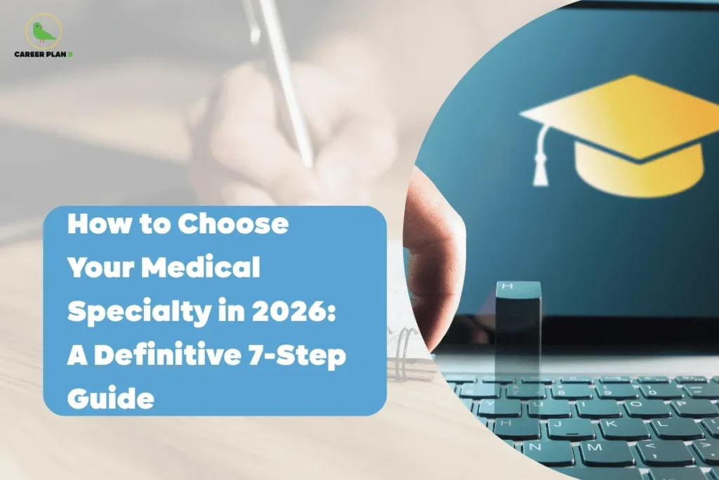 this image contains a Career Plan B educational banner with the headline “How to Choose Your Medical Specialty in 2026: A Definitive 7-Step Guide” in a blue rounded text box, the Career Plan B logo at the top left, a blurred background of a hand writing with a pen on paper on the left, and a circular cutout on the right showing a hand using a laptop keyboard with a graduation cap icon on the screen, representing medical career decision-making, specialization planning, and structured guidance for doctors in 2026.