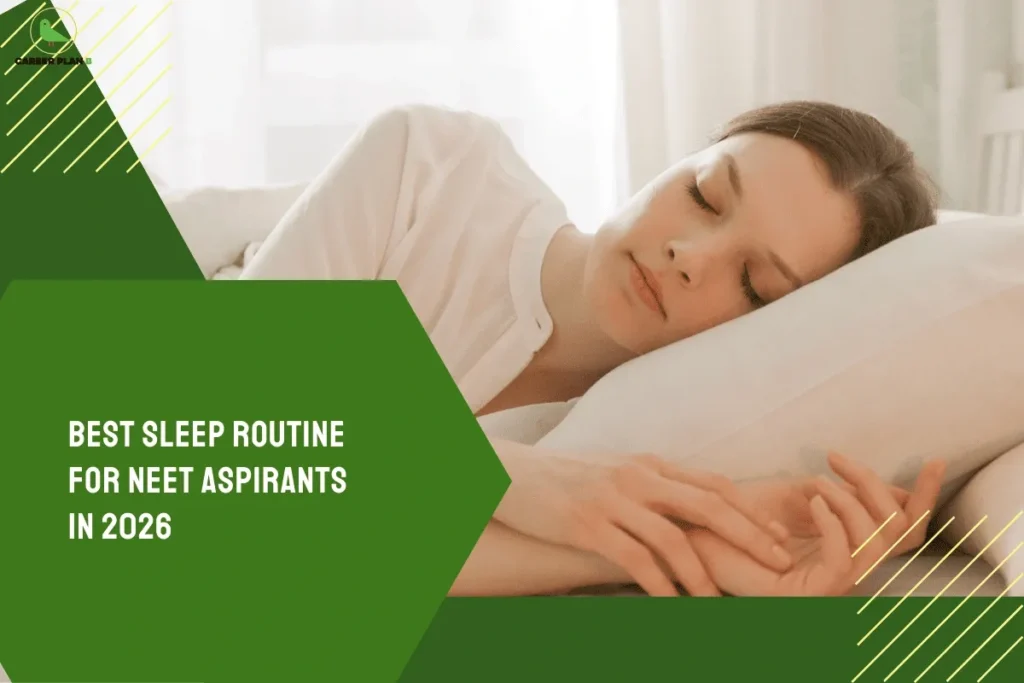 this image contains a Career Plan B banner with the text “BEST SLEEP ROUTINE FOR NEET ASPIRANTS IN 2026,” showing a person sleeping peacefully on a pillow with green geometric design accents.