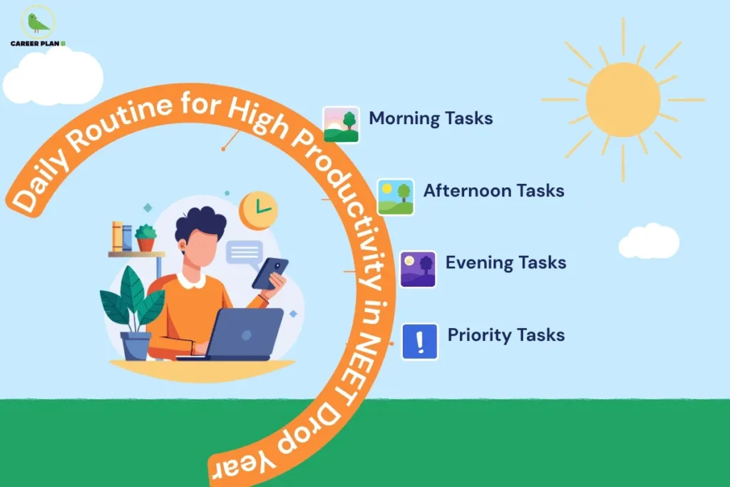 this image contains a Career Plan B infographic titled “Daily Routine for High Productivity in NEET Drop Year,” showing an illustrated student with a laptop and phone, plus labeled sections for “Morning Tasks,” “Afternoon Tasks,” “Evening Tasks,” and “Priority Tasks” with icons, sun, and clouds.