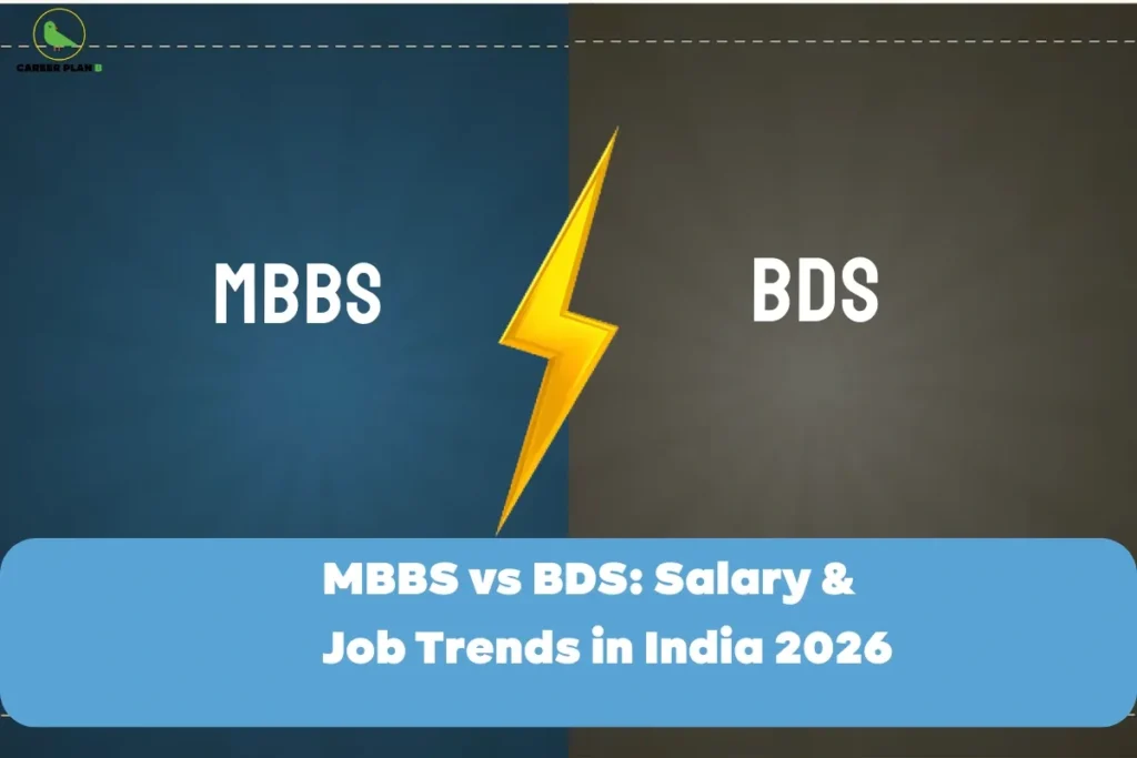 This image is a Career Plan B comparison graphic focused on medical career choices. It visually contrasts MBBS and BDS using a split background—blue on the left for MBBS and dark grey on the right for BDS—with a yellow lightning bolt in the center symbolizing a head-to-head comparison or decision point. At the bottom, a highlighted banner reads “MBBS vs BDS: Salary & Job Trends in India 2026”, clearly indicating the theme of the graphic. Overall, the image is designed to represent career comparison, earning potential, and future job outlook for medical and dental professions in India, aimed at NEET aspirants making an informed choice between MBBS and BDS.