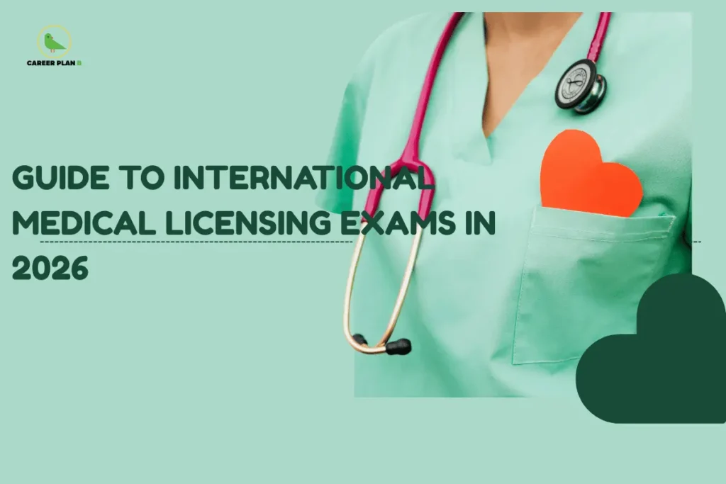 This image contains a Career Plan B educational infographic on a soft mint-green background with the prominent title “Guide to International Medical Licensing Exams in 2026” in bold dark green text, featuring the Career Plan B logo at the top-left corner with a green bird icon symbolizing guidance, growth, and career direction, alongside a healthcare professional in scrubs with a stethoscope and a heart symbol in the pocket, complemented by subtle geometric design elements, visually representing trusted medical career guidance, global medical licensing pathways, international exams such as USMLE and PLAB, overseas practice opportunities, exam preparation strategies, and future planning for doctors aiming to work abroad in 2026.
