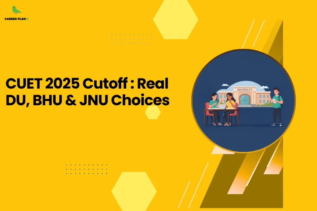this image contains a yellow educational graphic with the text “CUET 2025 Cutoff : Real DU, BHU & JNU Choices” and a circular illustration of students using a laptop in front of a university building, along with geometric shapes and the Career Plan B green bird logo in the top left, representing college cutoff insights and admission guidance