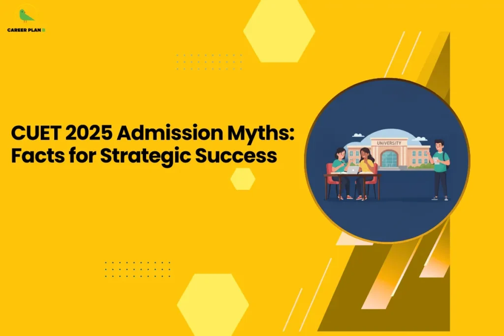 This image presents a Career Plan B educational infographic designed with a bright yellow background and geometric hexagon accents, featuring the bold headline “CUET 2025 Admission Myths: Facts for Strategic Success,” along with the Career Plan B logo in the top-left corner displaying a green bird icon that represents structured academic guidance and informed career planning, and a circular illustration of students discussing in front of a university building, symbolizing clarity in the admission process, debunking common misconceptions about CUET 2025, data-driven decision-making during counseling, and smart strategies that help students navigate college admissions with confidence and accuracy.