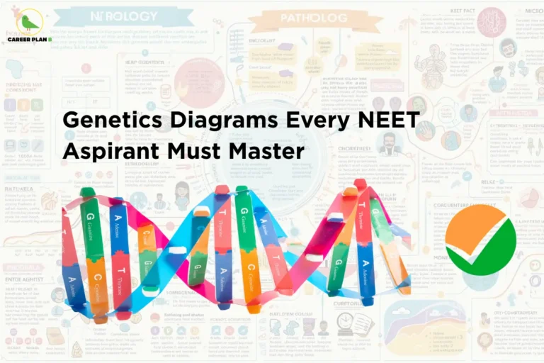 This image features a light educational-themed background filled with biology, genetics, and medical illustrations, with the “CAREER PLAN B” logo positioned in the top-left corner. At the center, a bold black headline reads: “Genetics Diagrams Every NEET Aspirant Must Master.” Dominating the lower portion of the image is a colorful 3D DNA double-helix model, with nucleotide bases such as Adenine, Thymine, Guanine, and Cytosine clearly labeled, symbolizing one of the most important concepts in genetics and molecular biology. The background contains various scientific diagrams, charts, and biological notes, reinforcing the academic focus of the topic. On the right side, a large green-and-orange checkmark icon represents mastery, accuracy, and exam readiness. Overall, the design highlights essential genetics diagrams and visual concepts that NEET aspirants should thoroughly understand, helping students strengthen their preparation for questions related to heredity, molecular genetics, DNA structure, and genetic processes in the NEET examination.
