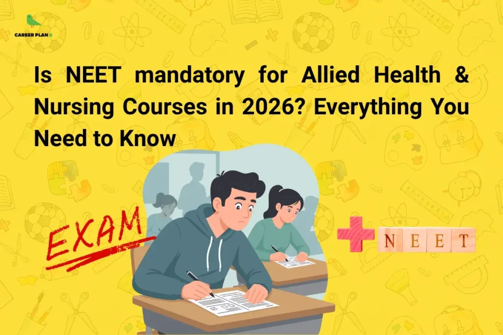 Educational infographic titled "Is NEET mandatory for Allied Health & Nursing Courses in 2026? Everything You Need to Know" on a yellow background with academic-themed icons. The Career Plan B logo appears in the top-left corner. The image shows students taking an exam, a red "EXAM" graphic, and the text "NEET" highlighted with a plus sign, illustrating the relationship between NEET and admissions to allied health and nursing programs in 2026.