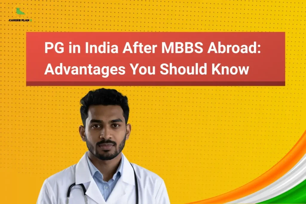 Promotional graphic titled "PG in India After MBBS Abroad: Advantages You Should Know" on a bright yellow background with dotted design elements. The Career Plan B logo appears in the top-left corner. A doctor wearing a white coat and stethoscope is featured in the foreground, while a tricolor swoosh inspired by the Indian flag appears in the bottom-right corner, symbolizing opportunities for foreign medical graduates pursuing postgraduate medical education in India.