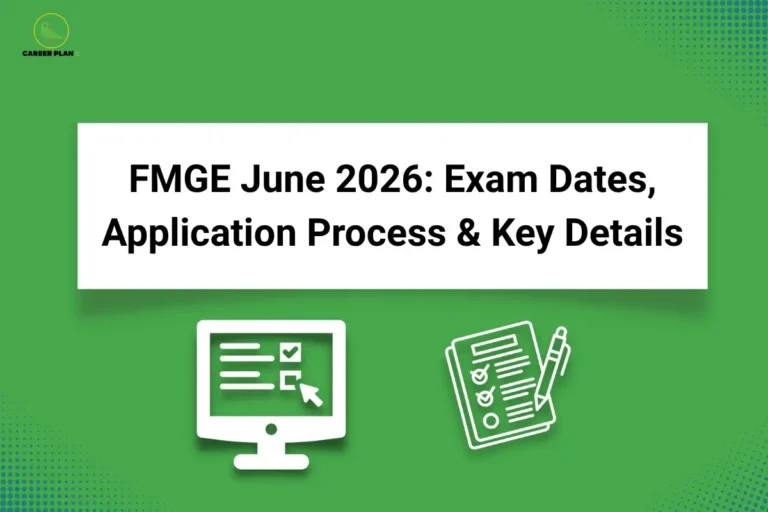 Informational graphic titled "FMGE June 2026: Exam Dates, Application Process & Key Details" on a green background with subtle dotted design accents. The Career Plan B logo appears in the top-left corner. A white banner contains the headline, while icons of a computer with an online application form and a checklist with a pen are displayed below, representing the FMGE registration process, important dates, application requirements, and exam-related information for foreign medical graduates.