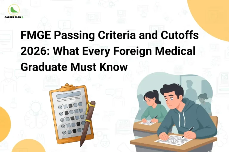 Educational banner titled "FMGE Passing Criteria and Cutoffs 2026: What Every Foreign Medical Graduate Must Know". The design features the Career Plan B logo in the top-left corner on a light grey background with subtle educational icons. Large bold black text presents the topic prominently. On the lower right, an illustration shows students taking an examination, representing FMGE candidates. On the lower left, a clipboard with a checklist and pen symbolizes exam requirements, eligibility criteria, and scoring benchmarks. The graphic is intended to inform foreign medical graduates about FMGE qualifying marks, passing requirements, cutoff expectations, and important examination guidelines for 2026.
