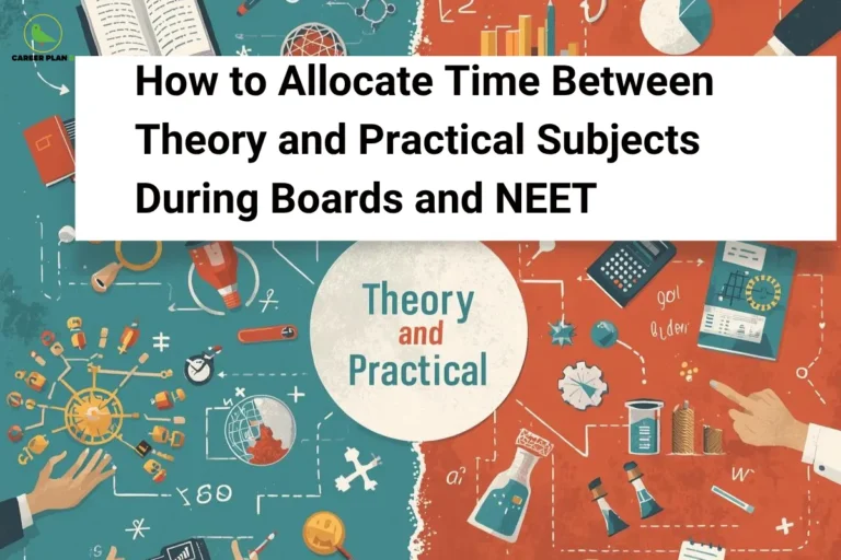 This image features a colorful educational background divided into blue and orange sections, filled with academic illustrations, scientific symbols, mathematical formulas, laboratory equipment, books, and study-related graphics. The “CAREER PLAN B” logo is positioned in the top-left corner. At the top center, a large white banner contains bold black text reading: “How to Allocate Time Between Theory and Practical Subjects During Boards and NEET.” In the center of the image, a circular graphic labeled “Theory and Practical” serves as the focal point, emphasizing the balance students need to maintain between conceptual learning and hands-on application. The left side contains symbols associated with theoretical study, including books, calculations, and analytical concepts, while the right side features practical and laboratory-oriented elements such as beakers, scientific instruments, and experiments. Overall, the design highlights effective study planning strategies for students preparing simultaneously for board examinations and NEET, focusing on how to manage time efficiently between theoretical understanding and practical subject preparation to achieve better academic performance.