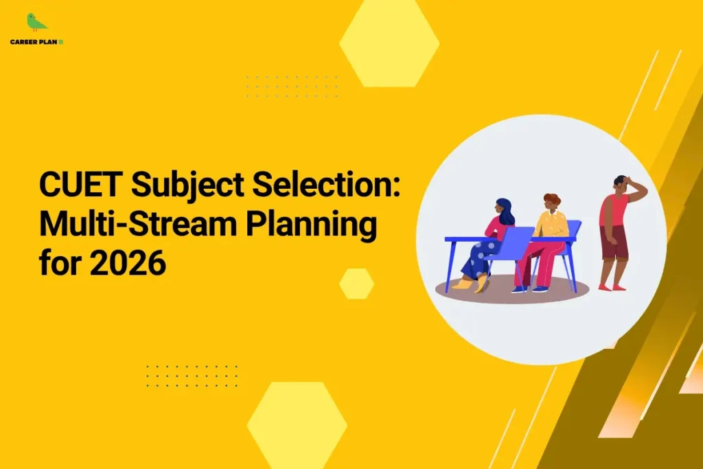 Educational banner titled "CUET Subject Selection: Multi-Stream Planning for 2026" displayed in large black text on a bright yellow background. The Career Plan B logo is positioned in the top-left corner. On the right side, a circular illustration shows students seated in a classroom while another student stands looking uncertain, representing the challenge of choosing subjects across multiple academic streams. Decorative hexagonal shapes, dotted patterns, and geometric design elements create a modern academic theme. The graphic is designed to help CUET 2026 aspirants understand how to select subjects strategically when considering courses across different streams, ensuring maximum eligibility, flexibility, and career opportunities during the university admission process.