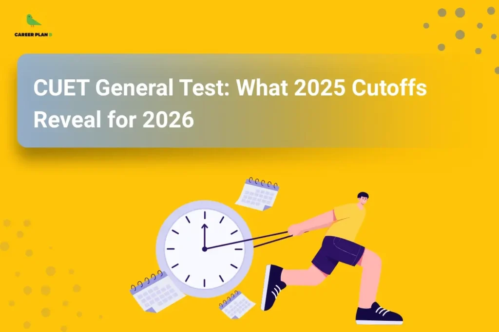 Educational banner titled "CUET General Test: What 2025 Cutoffs Reveal for 2026" displayed in large white text inside a grey gradient header box on a bright yellow background. The Career Plan B logo appears in the top-left corner. The lower section features an illustration of a person pulling a large clock, symbolizing time management, preparation, and the race to achieve competitive scores. Several calendar icons are scattered around the clock, representing admission cycles, exam schedules, and cutoff trends over time. Decorative circular dot patterns appear in the corners, adding a modern infographic style. The graphic focuses on analyzing CUET General Test cutoff trends from 2025 to help students understand expected competition levels, score benchmarks, admission strategies, and preparation priorities for CUET 2026.