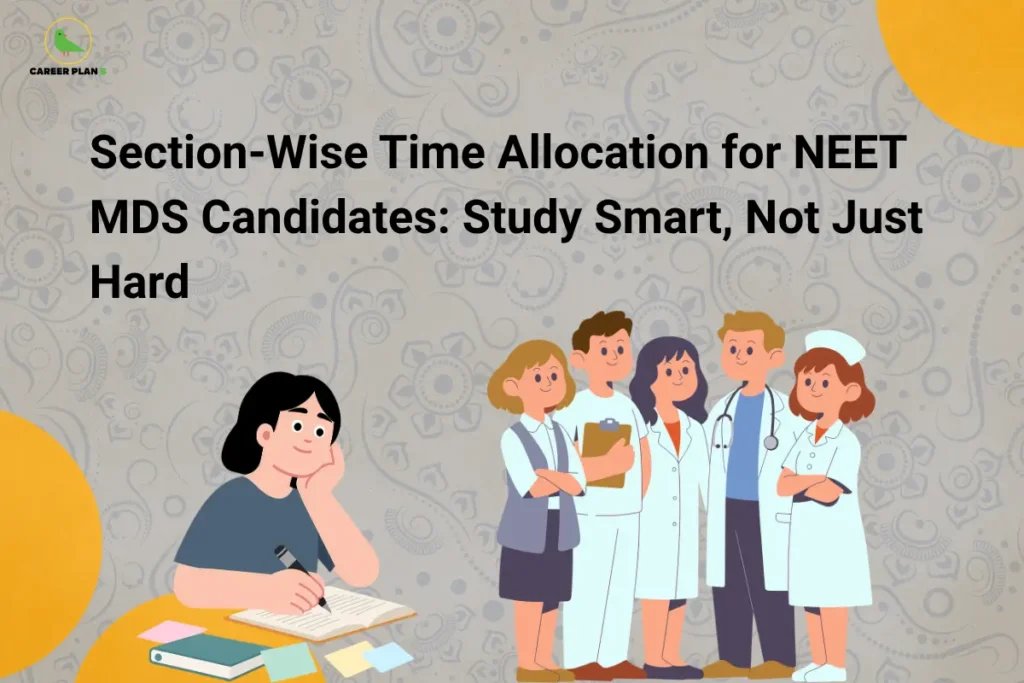 Career Plan B graphic showing section-wise time allocation for NEET MDS candidates, with a student studying and medical professionals.