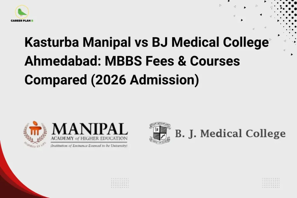 Career Plan B graphic comparing Kasturba Manipal and BJ Medical College Ahmedabad by MBBS fees and courses for 2026 admission.