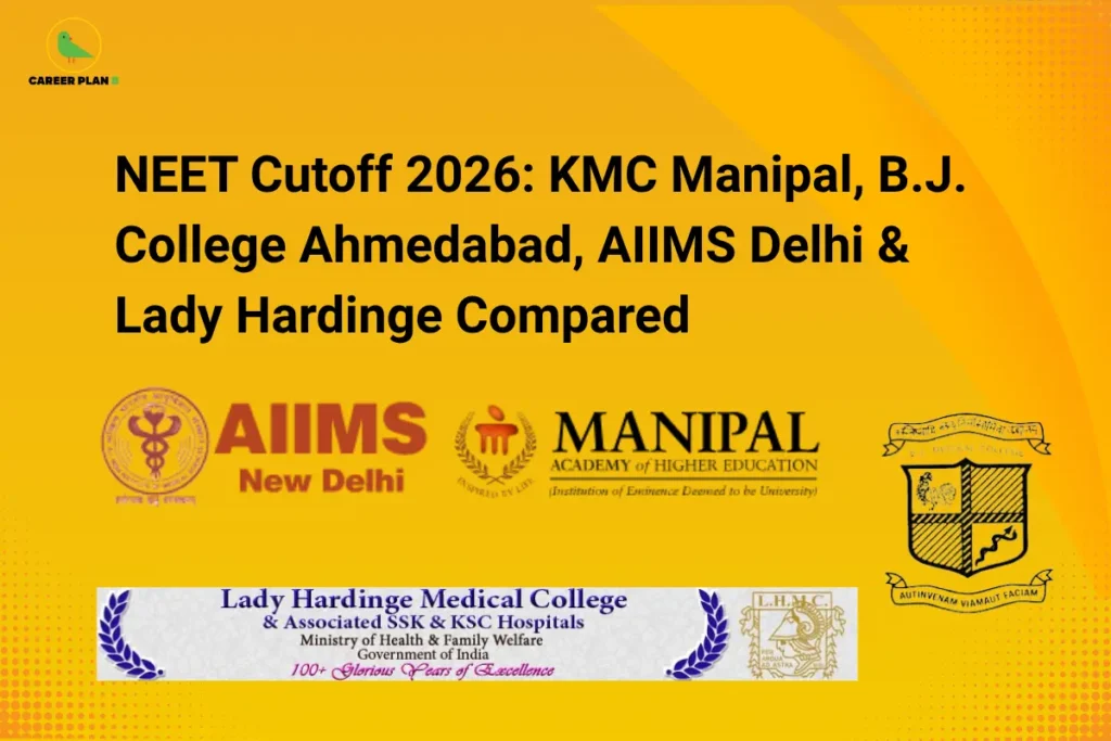 Career Plan B graphic comparing NEET cutoff 2026 for KMC Manipal, B.J. College Ahmedabad, AIIMS Delhi, and Lady Hardinge Medical College.