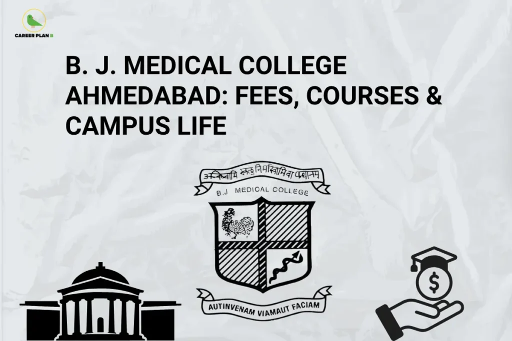 Career Plan B graphic showing B. J. Medical College Ahmedabad's fees, courses, and campus life.