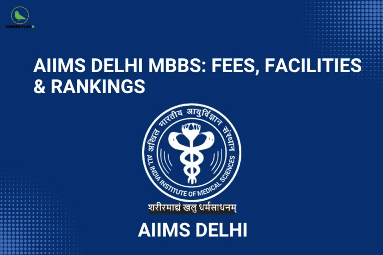 AIIMS Delhi graphic highlighting MBBS fees, facilities, and rankings with the institute emblem.