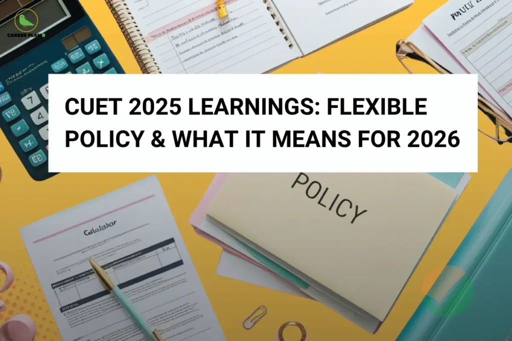 Career Plan B graphic showing CUET 2025 learnings, flexible policy, and implications for 2026, with study materials.
